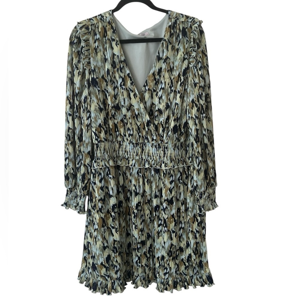 Chelsea 28 Blue Green Plissé Smocked Waist Long Sleeve Minidress NWT 1X